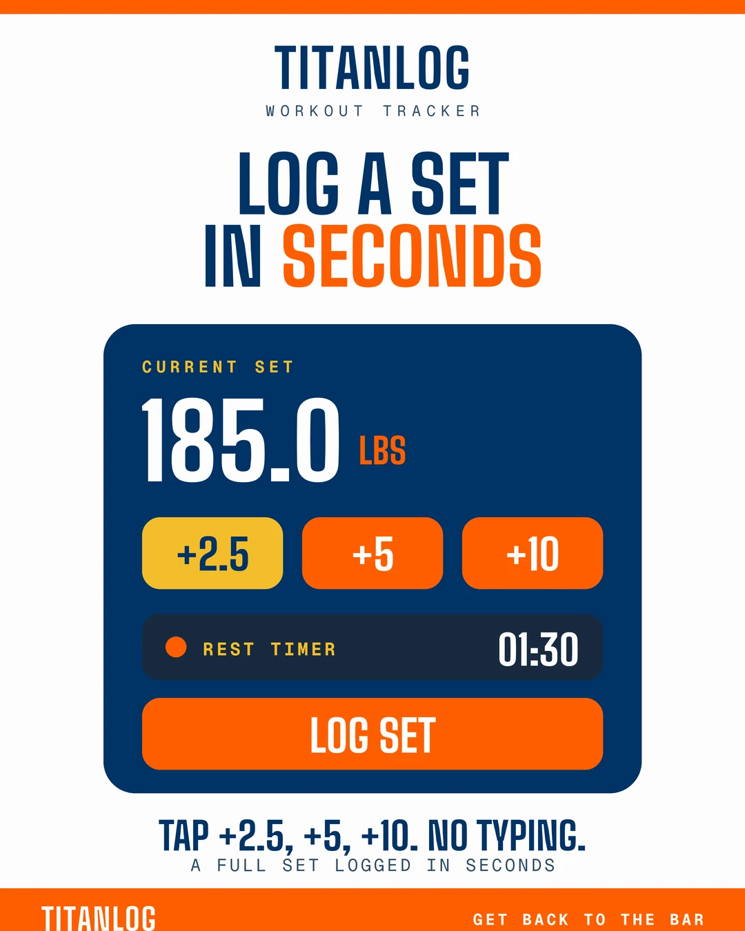 TitanLog set logging screen: tap +2.5, +5, +10 — no typing. A full set logged in seconds.